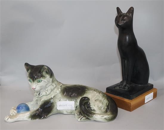 A Sitzendorf cat, 31cm. and an Egyptian style resin cat